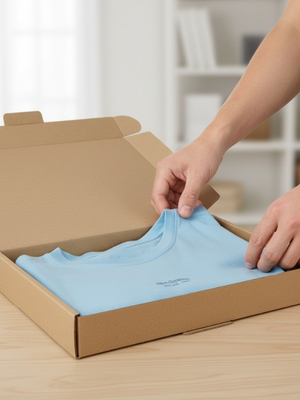 Person packt Shirt in Versandkarton in Sondergröße